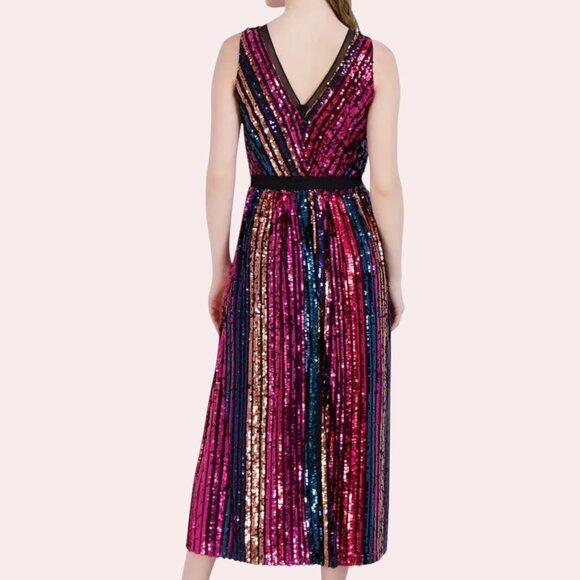 Rainbow Sequin Stripe Fit & Flare Midi Cocktail Dress Julia Jordan sz 12 (14/16) - Picture 3 of 6